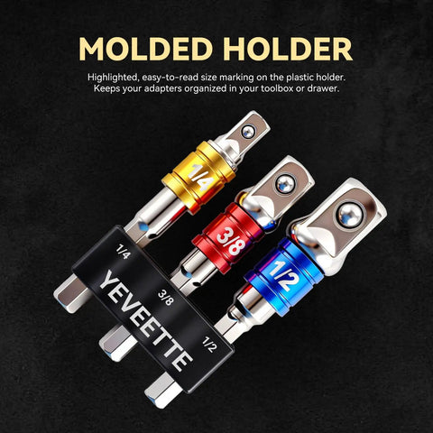3Pcs Hex Shank To Square Built Tough Heavy Duty Socket Adapter Set With Impact Grade Build Anti Slip Detent Ball marked in molded holder