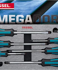 8 Piece Screwdriver Set With EVA Foam Handles, Built For Real World Jobs displayed with teal ergonomic grips and box