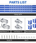 Parts list image showing components of Four Way Glue Up Clamps Keep Boards Dead Flat: 4 clamp rails, fixtures, brackets, screws, and nuts.