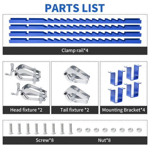 Parts list image showing components of Four Way Glue Up Clamps Keep Boards Dead Flat: 4 clamp rails, fixtures, brackets, screws, and nuts.