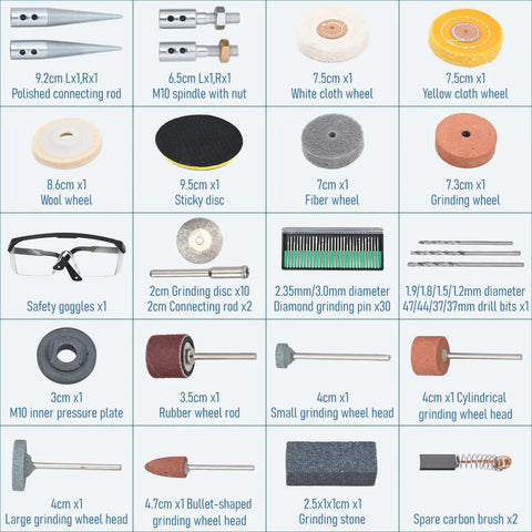 Compact Digital Jewelry Polisher and Bench Buffer with Solid Cast Iron Base includes safety goggles and various grinding wheels.