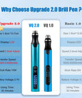Comparison of VQ 2.0 and VQ 1.0 drill pens, highlighting features like size, LCD display, and adjustable speed for precision work.