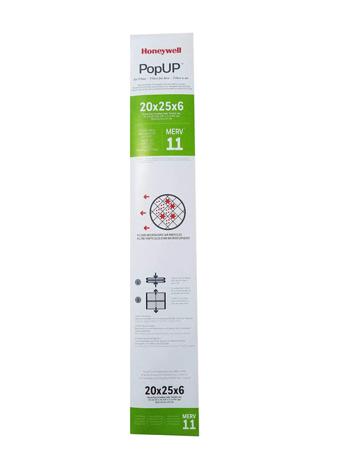 Boxed PopUp 20x25 Media Filter MERV 11 For Compatible 20x25 Air Cleaners, flat packaging showing size and instructions.