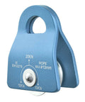 Front view of Lightweight Aluminum Pulley 20kN 8 To 12mm Single Swing Rigging Pulley for Arborist, blue, with side plates.