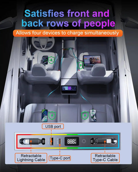 Interior view of Tesla showing Tesla USB Hub 4 Port Docking Station With RGB Ambient Light for charging devices in Model 3 and Model Y.