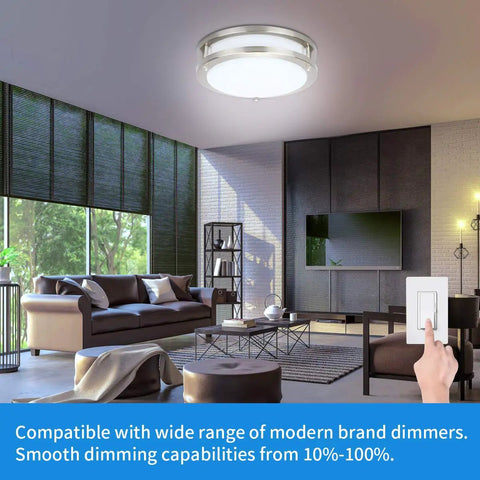 Living room with dimmable 24W LED Ceiling Light Fixture, 10 Inch Flush Mount, 3 Color Temperatures, showing modern interior setup.