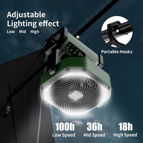 Beast Camping Fan With Light 20000mAh Battery Up To 112 Hours Run Time hanging with hooks, digital display and lighting effect