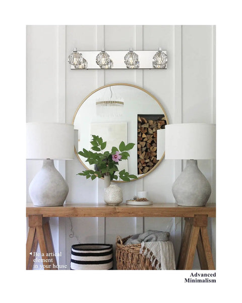 4 Light Bathroom Vanity Light With K9 Crystal Lampshades And Silver Chrome Finish, mounted above a mirror on white panel wall