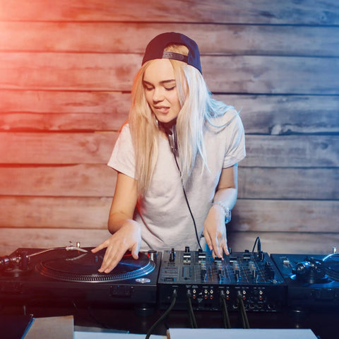 Female DJ using turntables with Premium Optical Audio Cable TOSLINK To TOSLINK Six Foot Digital Fiber Optic Sound Wire.