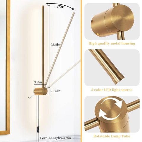 Detailed view of Dimmable Modern Plug In Wall Sconce Set Of 2 Gold Brushed Finish 23.6 Inch Indoor Wall Lamps features and dimensions.