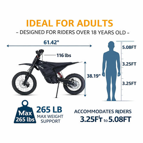 Trail-Ready Electric Dirt Bike For Adults With 3000W Peak Motor 40 MPH Top Speed 48V Battery shown with dimensions and rider sizes.