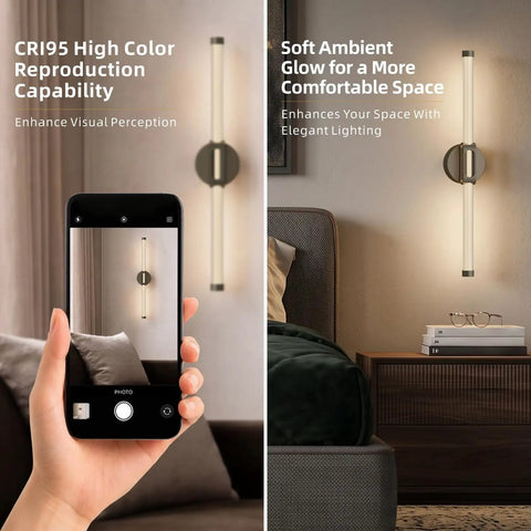 JTsupliight Battery Operated Wall Sconce 2 Pack, Type-C Rechargeable, Black in cozy bedroom setting with soft ambient glow.