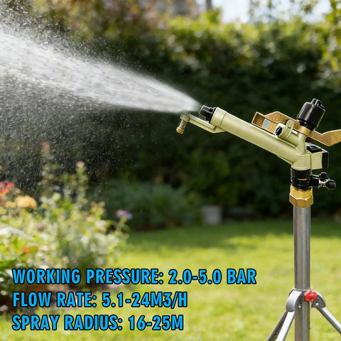 1.5 Inch Irrigation Sprinkler spraying water on a lawn, showing 360 degree adjustable sprayer with aluminum alloy body