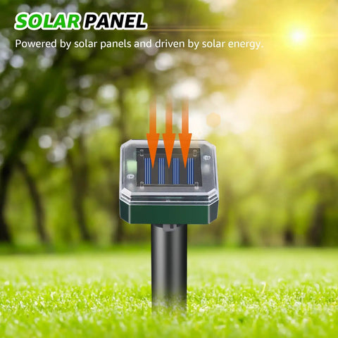 Solar Powered Ultrasonic Mole And Pest Deterrent For Outdoor Gardens with solar panel in grassy yard