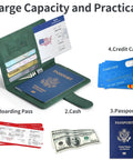 Green Passport Holder With Rfid Blocking And Multiple Card Slots For Smooth Airport Flow And Leisure Travel Adventures showing passport, cash, and cards.