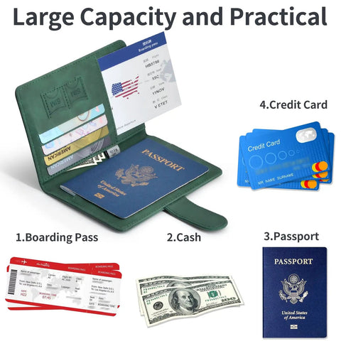 Green Passport Holder With Rfid Blocking And Multiple Card Slots For Smooth Airport Flow And Leisure Travel Adventures showing passport, cash, and cards.