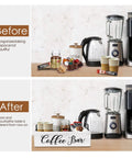 Before and after use of Wooden Coffee Station Organizer for Countertop with White Finish showing tidier coffee bar setup.