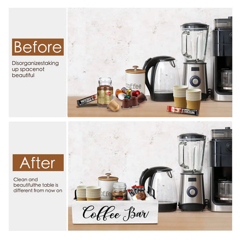 Before and after use of Wooden Coffee Station Organizer for Countertop with White Finish showing tidier coffee bar setup.