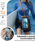 Person wearing IP68 Waterproof Phone Pouch with dual pockets and lanyard, ideal for beach and travel, fits up to 7.0-inch phones