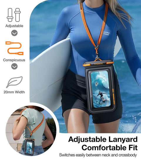 Person wearing IP68 Waterproof Phone Pouch with dual pockets and lanyard, ideal for beach and travel, fits up to 7.0-inch phones