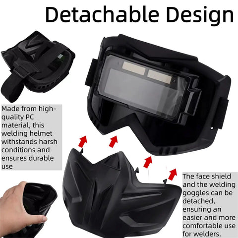 Workhorse Auto Darkening Welding Helmet With Detachable Face Shield And Goggles displayed, highlighting detachable design and PC material.