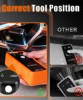 Solid El50448 TPMS Relearn Tool For GM Trucks And Cars that shows correct tool positioning near a tire valve.