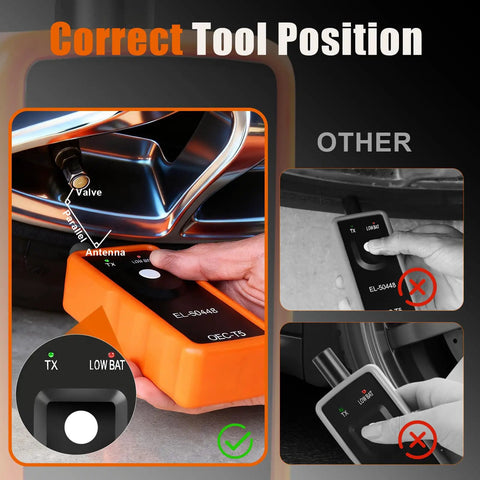 Solid El50448 TPMS Relearn Tool For GM Trucks And Cars that shows correct tool positioning near a tire valve.
