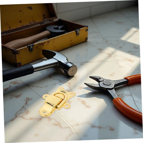 Premium 2pcs Vintage Toggle Latch Set For Boxes. Durable Zinc Alloy Golden Metal Hasp Locks Secure Tool Chest Trunk Gear. Super Cool Antique Finish Fits Any Old School Cabinet Or Jewelry Case Perfect For Heavy Duty Projects And Handy Home Repairs Today. gold latch on tool chest with pliers
