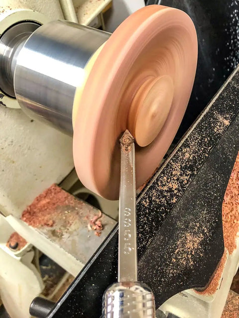 Easy Start Carbide Lathe Tool Set of 3 for Woodturning shown in use with 8 Inch Solid Aluminum Handles on a wooden project