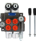 Front view of Timunr 2-spool hydraulic directional control valve; joystick, black body, red port caps, silver fittings.