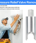 Front view: technician installs RV water heater pressure-relief valve remover; chrome tool for 7/8-inch wrench.