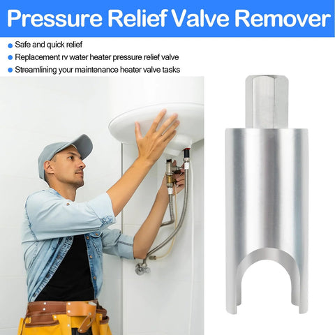 Front view: technician installs RV water heater pressure-relief valve remover; chrome tool for 7/8-inch wrench.
