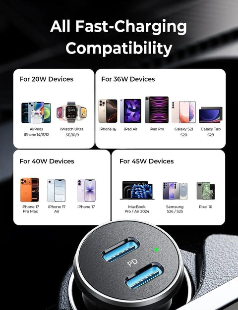Dual USB C Car Charger 90W Fast Charge With 45W Per Port Across Two USB C Ports PD 3.0 QC 3.0 For iPhone Samsung adapter
