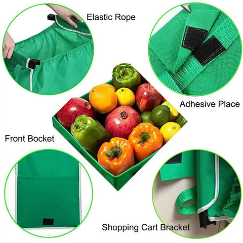 Two Pack Reusable Shopping Cart Trolley Bags Clip On Collapsible Grocery Tote Bags With Handles showing features and produce