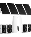 Solar Powered Wireless Outdoor Security Camera System Kit With Four Cameras, No Monthly Fee, solar panels, base station