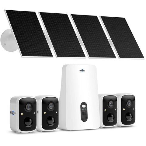 Solar Powered Wireless Outdoor Security Camera System Kit With Four Cameras, No Monthly Fee, solar panels, base station
