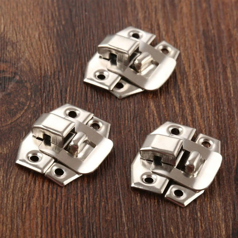 Antique Silver Box Hasp Lock Kit 20 Pcs for Jewelry Boxes and Suitcases 24x19mm Durable Iron Hardware on wooden surface