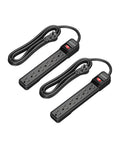 Two Pack 10 Foot Power Strip Surge Protector With Six Outlets, Flat Plug, Wall Mount, 15 Amp 120V 1800W Capacity, UL Listed, 500 Joules