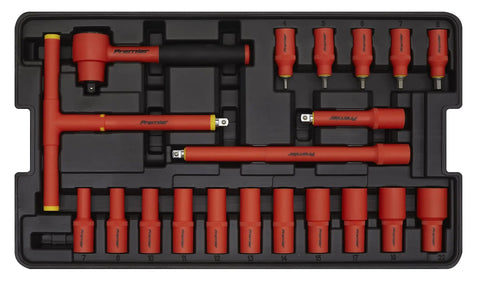 1000V Insulated Tool Kit 3/8 Inch Drive, 50-Piece Electrical Hand Tool Set in black case with red high voltage safe sockets