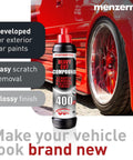 Scratch and Swirl Remover Kit Car Polishing Set With Heavy Cut 400 8oz bottle next to a polished car wheel and paintwork.