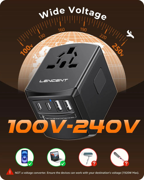 Universal Travel Power Adapter With 2 USB C Ports And 2 USB A Ports Worldwide Wall Charger 4 In 1 with voltage range
