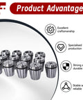 Pro Grade ER32 Collets Set 13-Piece Range From One Sixteenth To Thirteen Sixteenths Inch Including Five Thirty-Seconds Nine Thirty-Seconds And Twenty Three Thirty-Seconds Spring Chuck Style Portable Lathe Milling Tool Kit displayed with product advantages icons