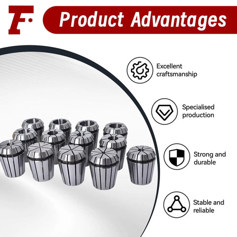 Pro Grade ER32 Collets Set 13-Piece Range From One Sixteenth To Thirteen Sixteenths Inch Including Five Thirty-Seconds Nine Thirty-Seconds And Twenty Three Thirty-Seconds Spring Chuck Style Portable Lathe Milling Tool Kit displayed with product advantages icons