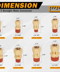 Various sizes of brass connectors including Five Pack Air Brake Nylon Tubing Brass Union Fittings Three Eighths Inch Tube Outside Diameter To One Fourth Inch NPT Thread Straight Compression Fittings For Nylon Hose DOT Approved For Truck Trailers.