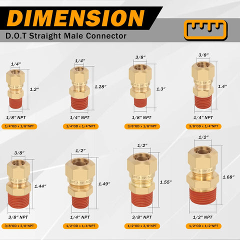 Various sizes of brass connectors including Five Pack Air Brake Nylon Tubing Brass Union Fittings Three Eighths Inch Tube Outside Diameter To One Fourth Inch NPT Thread Straight Compression Fittings For Nylon Hose DOT Approved For Truck Trailers.