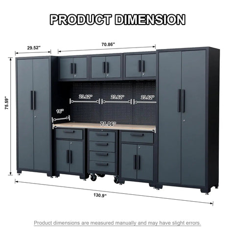 9 Piece Garage Storage Cabinet System With Locking Steel Cabinets, Locker Units, Wall Cabinets, and 71 Inch Workbench