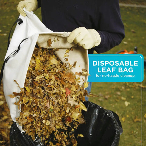 Close-up of person using 3 In 1 Electric Leaf Blower Vacuum And Mulcher With 12 Amp Power, 250 MPH Air, 400 CFM Debris Capacity BV6000 bag