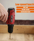 Hand holding red cordless drill from 108 Piece Cordless Tool Kit Set With Sixteen Point Eight Volt Drill LED Work Light And DIY Hand Tools For Home Garden And Office Repairs Pro Grade All In One Home Maintenance Kit Black Red, drilling into wood.