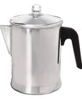 Aluminum Stovetop Percolator Coffee Maker Delivers Rich Flavor In Minutes 9 Cup Durable Silver Finish with black handle.