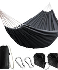 Cotton Portable Camping Hammock With Tree Straps Up To 660 Lbs, black fabric with travel bag, carabiners, and straps visible.